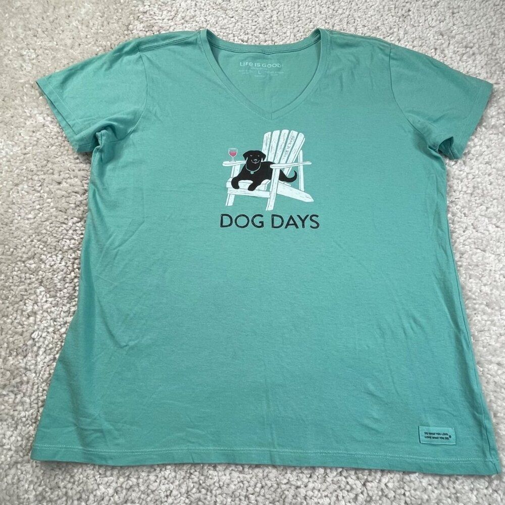 Life Is Good V-Neck Crusher Tee Black Dog Days In Chair Mint Green Womens Large